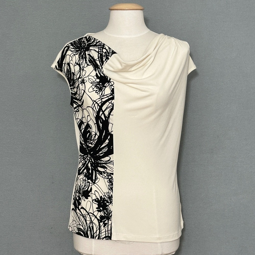 VTG Y2K Women Top M Cream Black Abstract Floral Drape Graphic Retro Artsy Chic